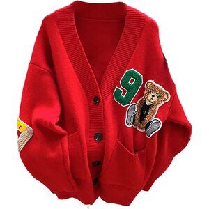 Sweaters,Womens Knitted Cardigans Cartoon Sweater Button Down V-Neck Solid Color